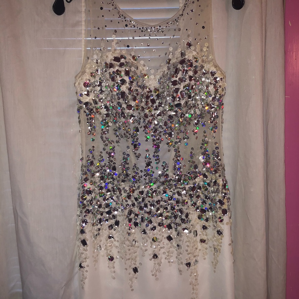 All white prom dress w/leg split & crystal designs